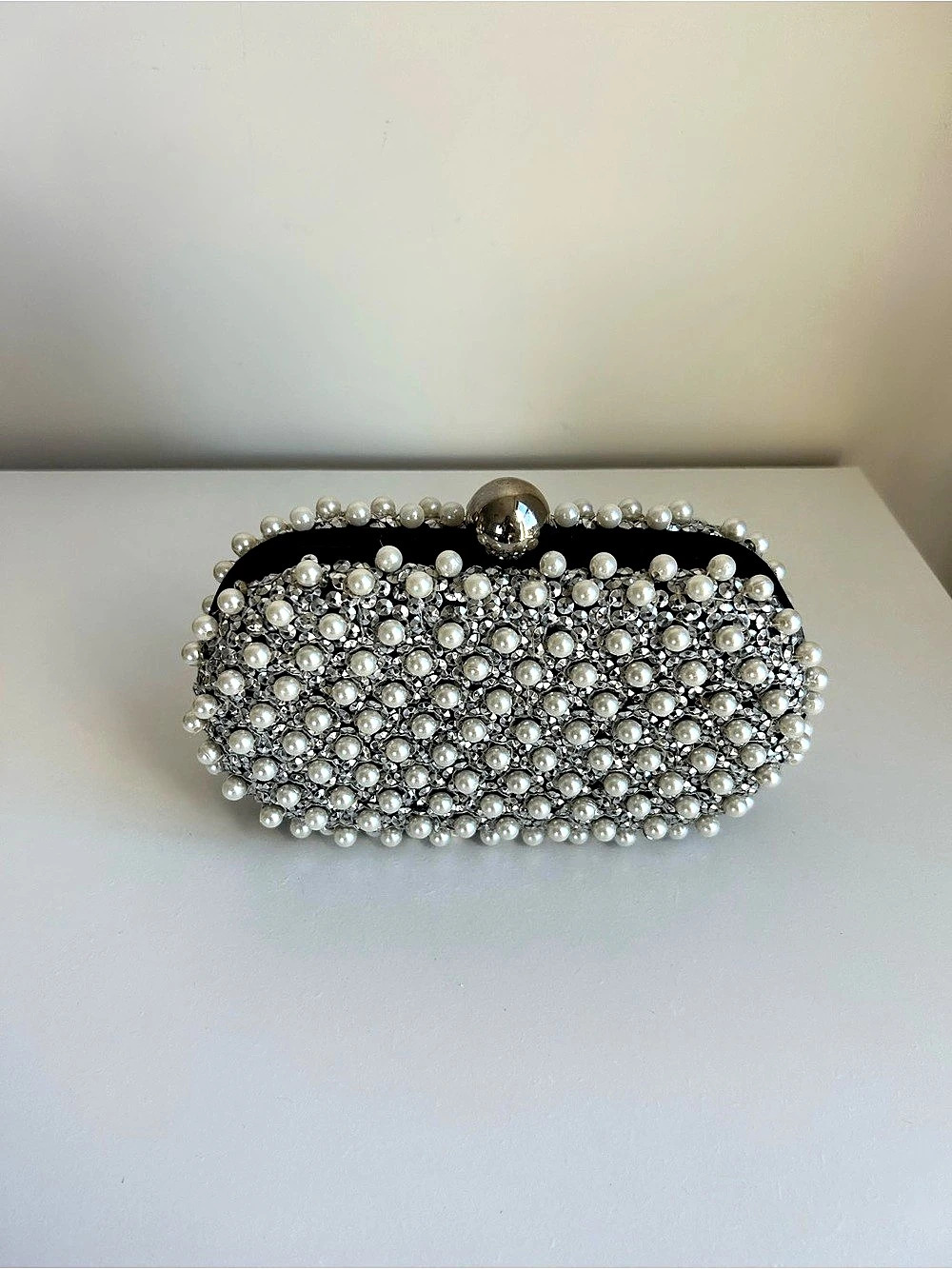 SANTI Black & White Pearl Crystal Embellished Box Clutch Evening Bag